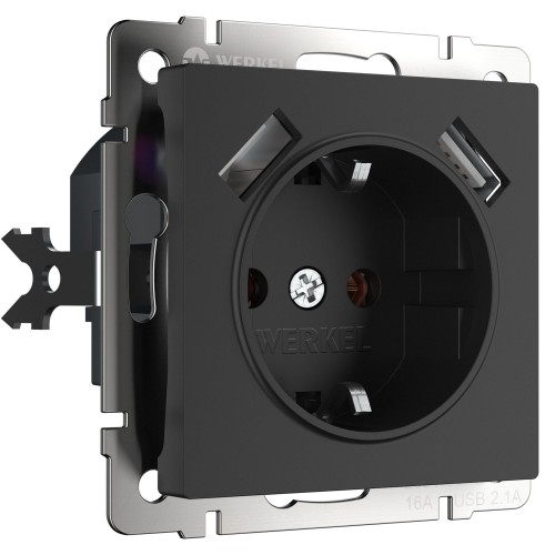 WERKEL WL08-SKGS-USBx2-IP20/Розетка с заземлением, шторками и USBх2 (черный матовый)a033477 W1171508