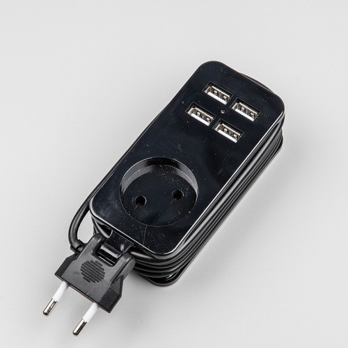 S-CT1-1,5U BLACK Удлинитель серии Travel, шнур 1,5м., 1 гнездо, 10A, б/з, 4USB(2,1A). Черный.RSP