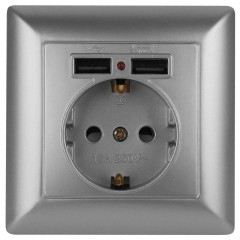 Розетка ЭРА Intro Solo Schuko P+E 16A 250V со шторками 2хUSB серебро 4-410-03 Б0043405 Розетка ЭРА Intro Solo Schuko P+E 16A 250V со шторками 2хUSB серебро 4-410-03 Б0043405