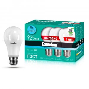 Лампа светодиодная Camelion E27 11W 4500K 3 шт. LED11-A60-3/845/E27 14711