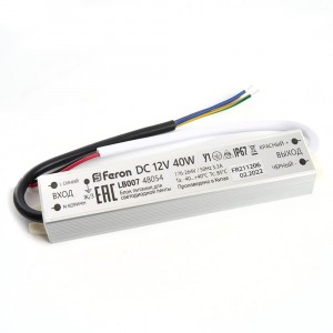 Блок питания для светодиодной ленты Feron LB007 12V 40W IP67 3,3A 48054